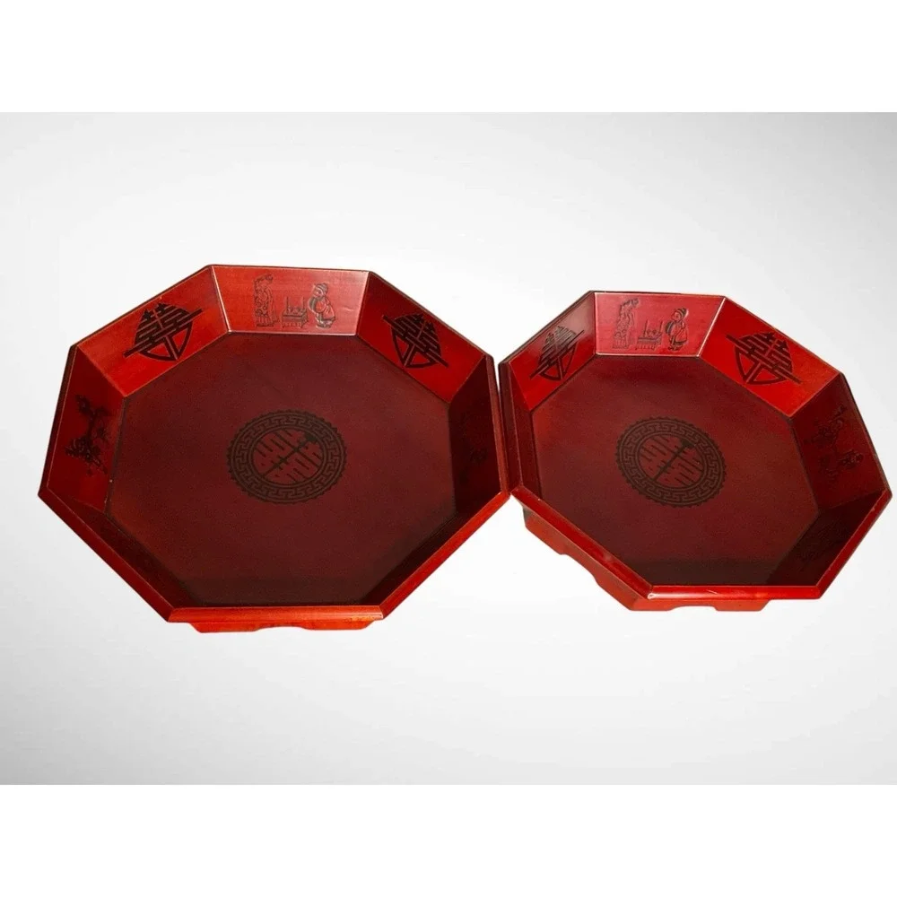 Vintage Korean Red Octagon Wooden Stack Serving Platter Trays Bowl Set Of‎ 2